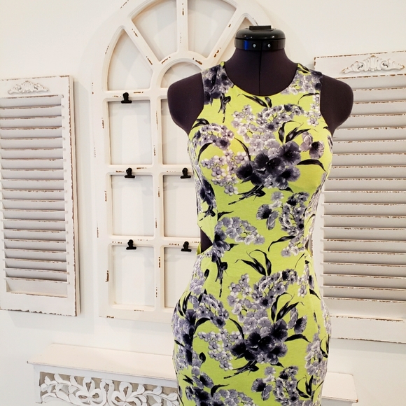 Miss Selfridge US2 Grey Floral print on light green Double Slit Gown - Picture 4 of 8